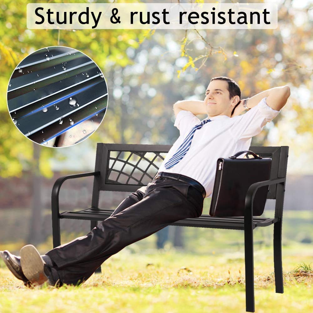 Black Metal Outdoor Patio Bench with Armrests N210