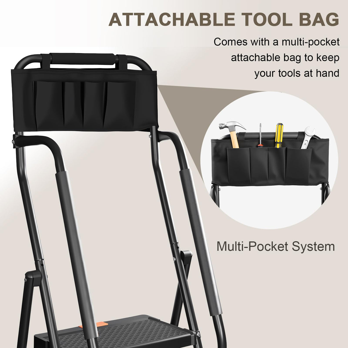 3 Step Folding Step Ladder with Handrails, 500 Lbs Capacity, Black P9184