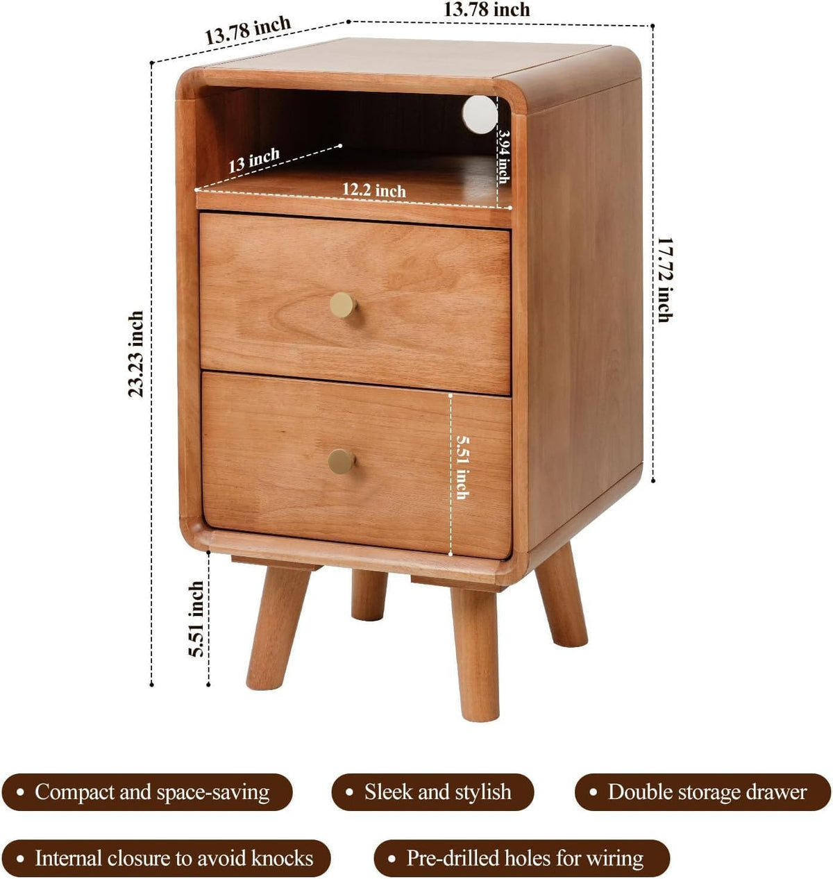 Solid Wood 2 Drawer Narrow Nightstand O560372