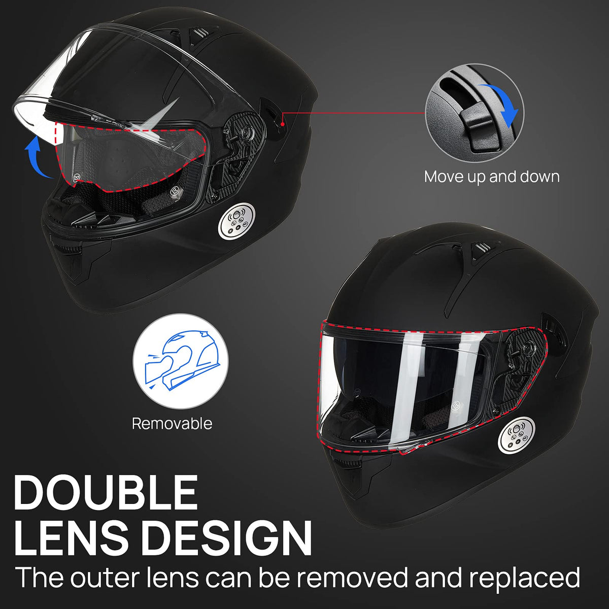 Motorcycle Helmets with Built in Bluetooth Dual Visor Matte Black S M11342