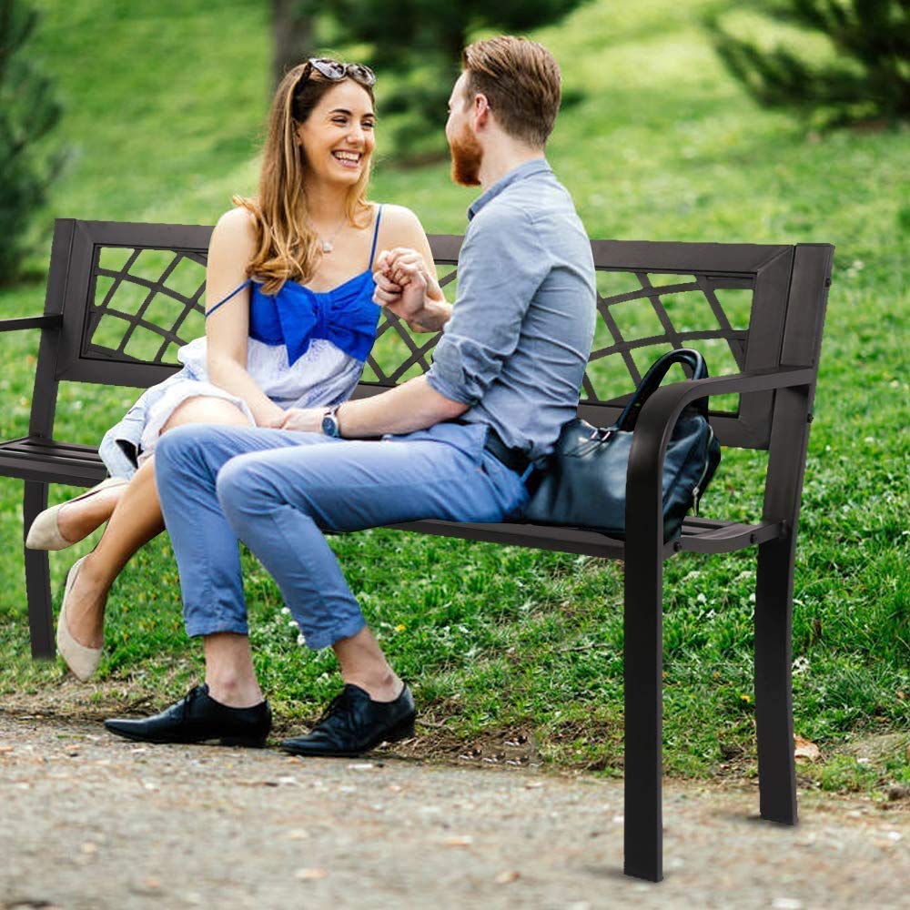 Black Metal Outdoor Patio Bench with Armrests N210