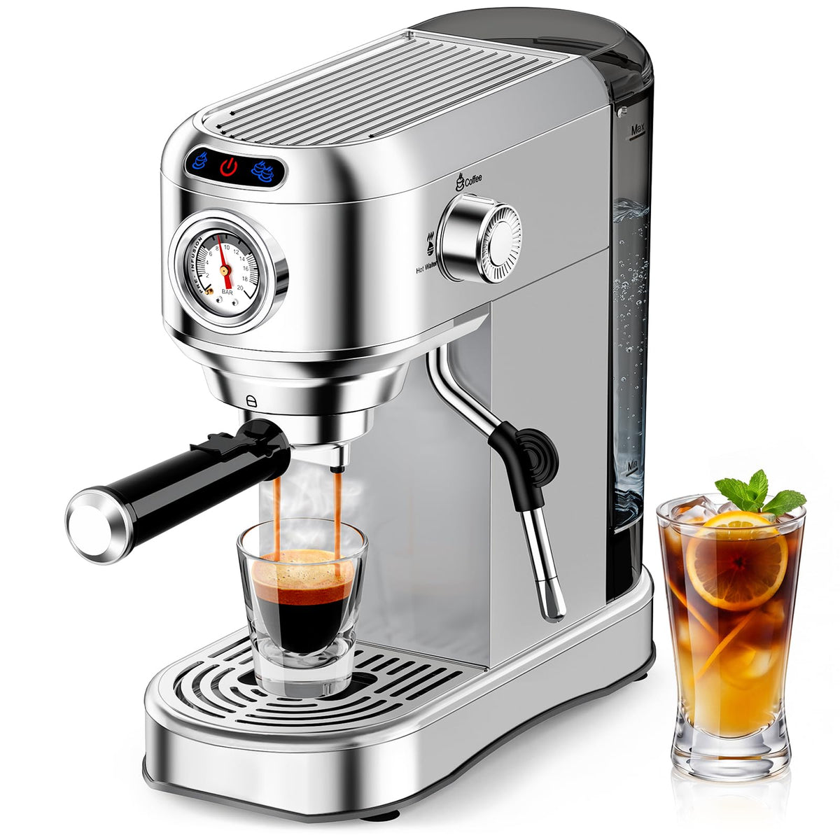 20 Bar Compact Stainless Steel Espresso Machine with Milk Frother O694876