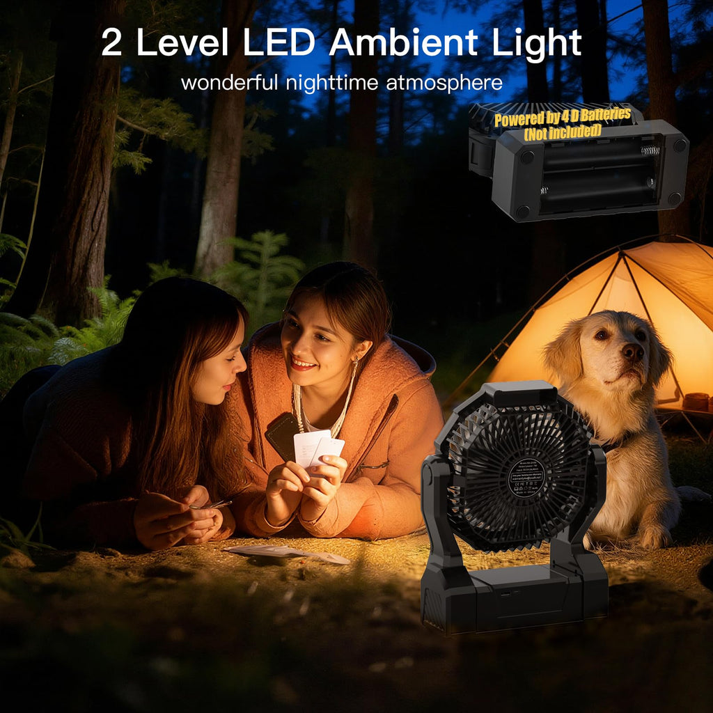 Battery Operated Portable Fan with 4 Speeds, 3 Timers & 2 Light Modes, Black K775