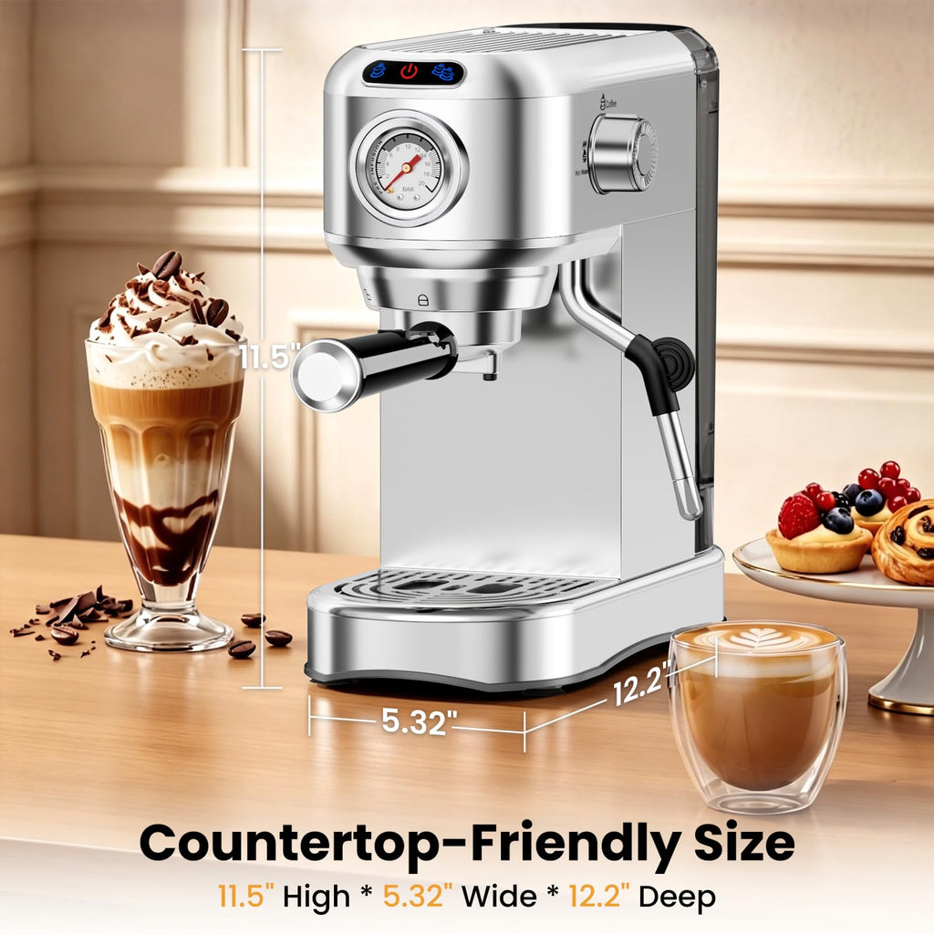 20 Bar Compact Stainless Steel Espresso Machine with Milk Frother O694876