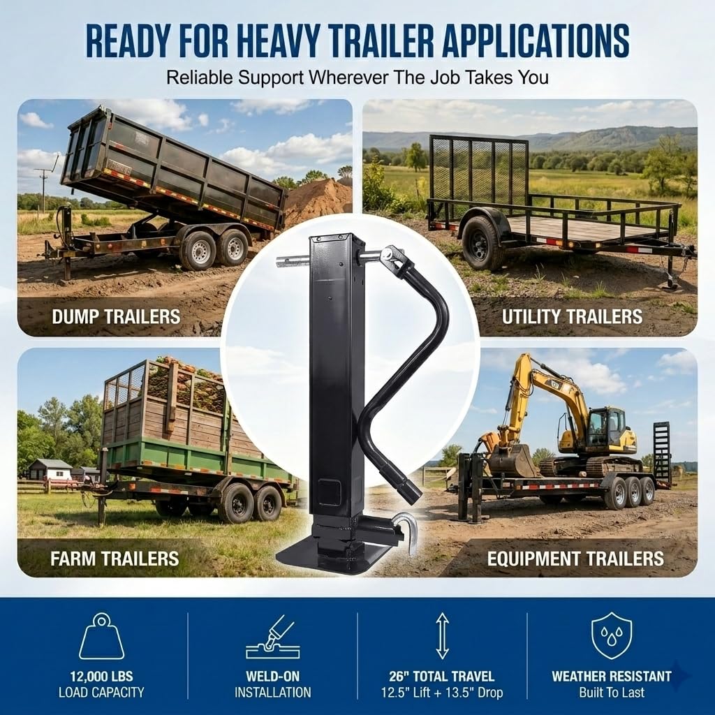 12000 LBS Weld-On Trailer Jack 4" Square Tube 26" Travel Side Wind Black F983326