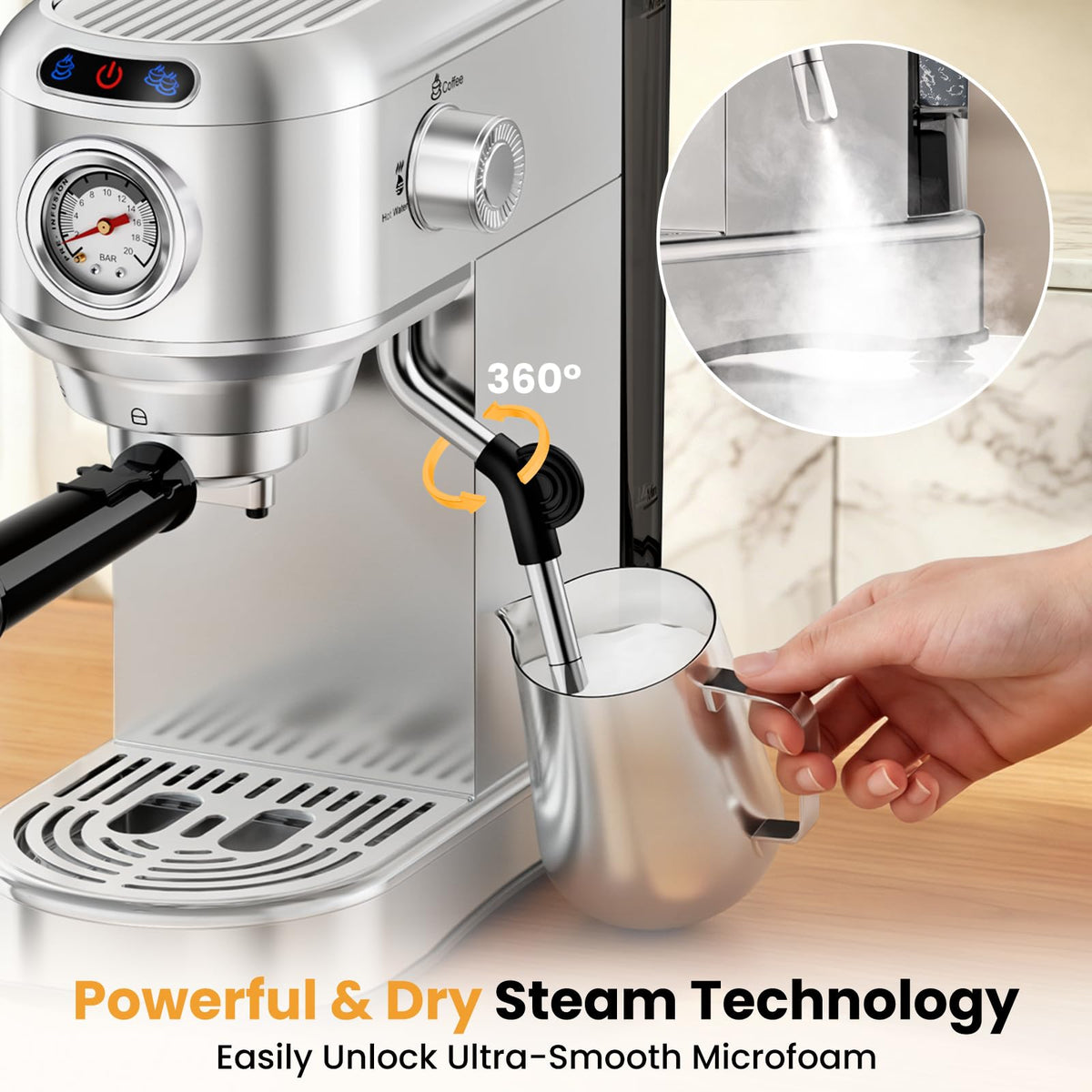 20 Bar Compact Stainless Steel Espresso Machine with Milk Frother O694876
