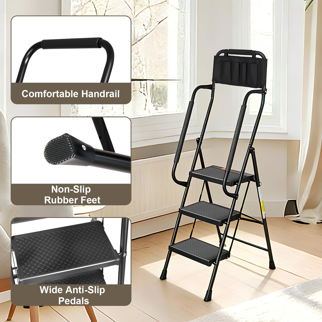 3 Step Folding Step Ladder with Handrails, 500 Lbs Capacity, Black P9184