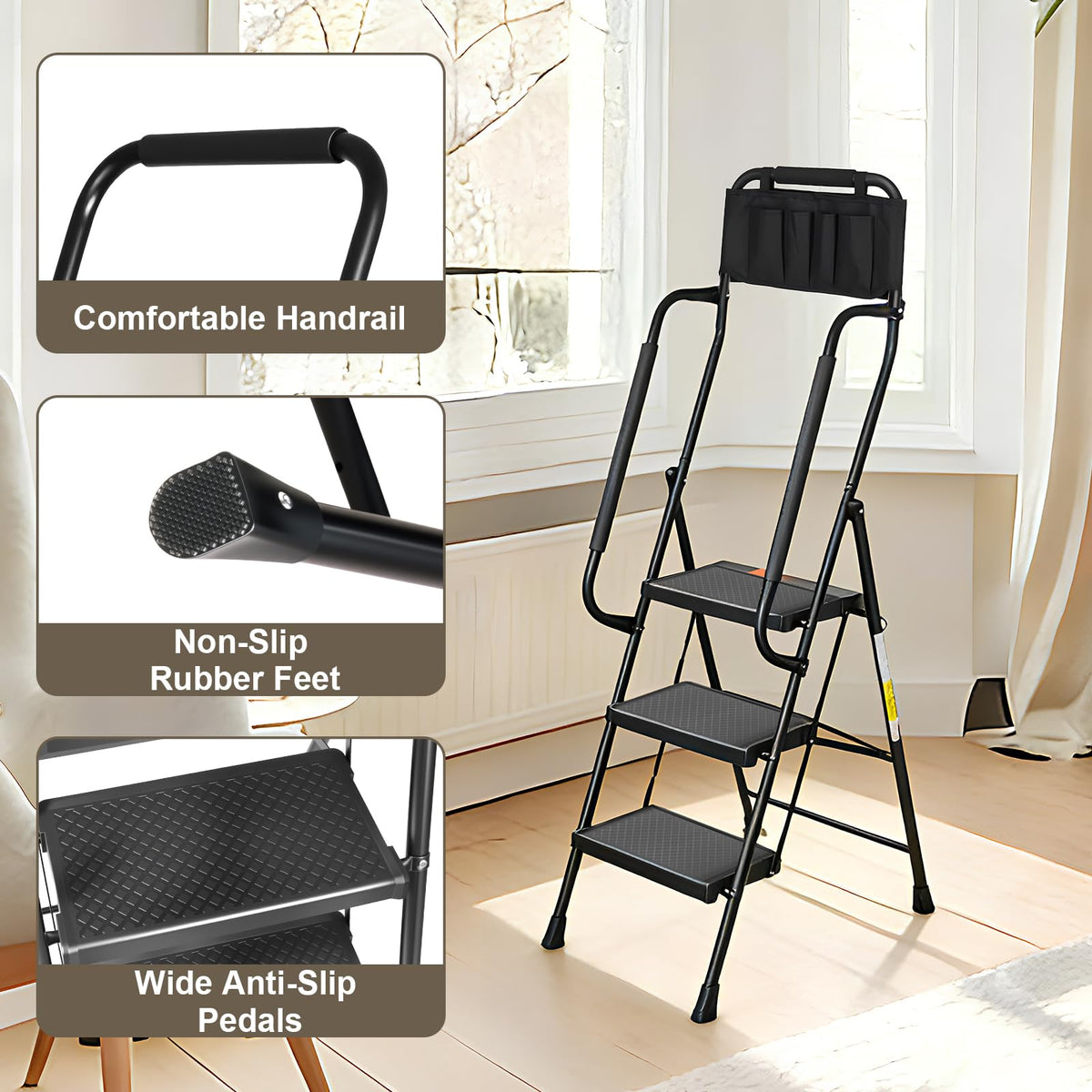 3 Step Folding Step Ladder with Handrails, 500 Lbs Capacity, Black P9184