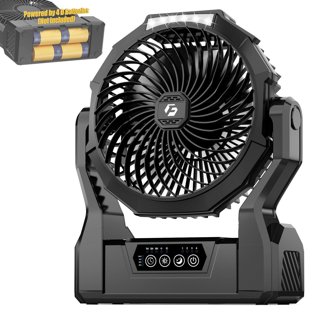 Battery Operated Portable Fan with 4 Speeds, 3 Timers & 2 Light Modes, Black K775