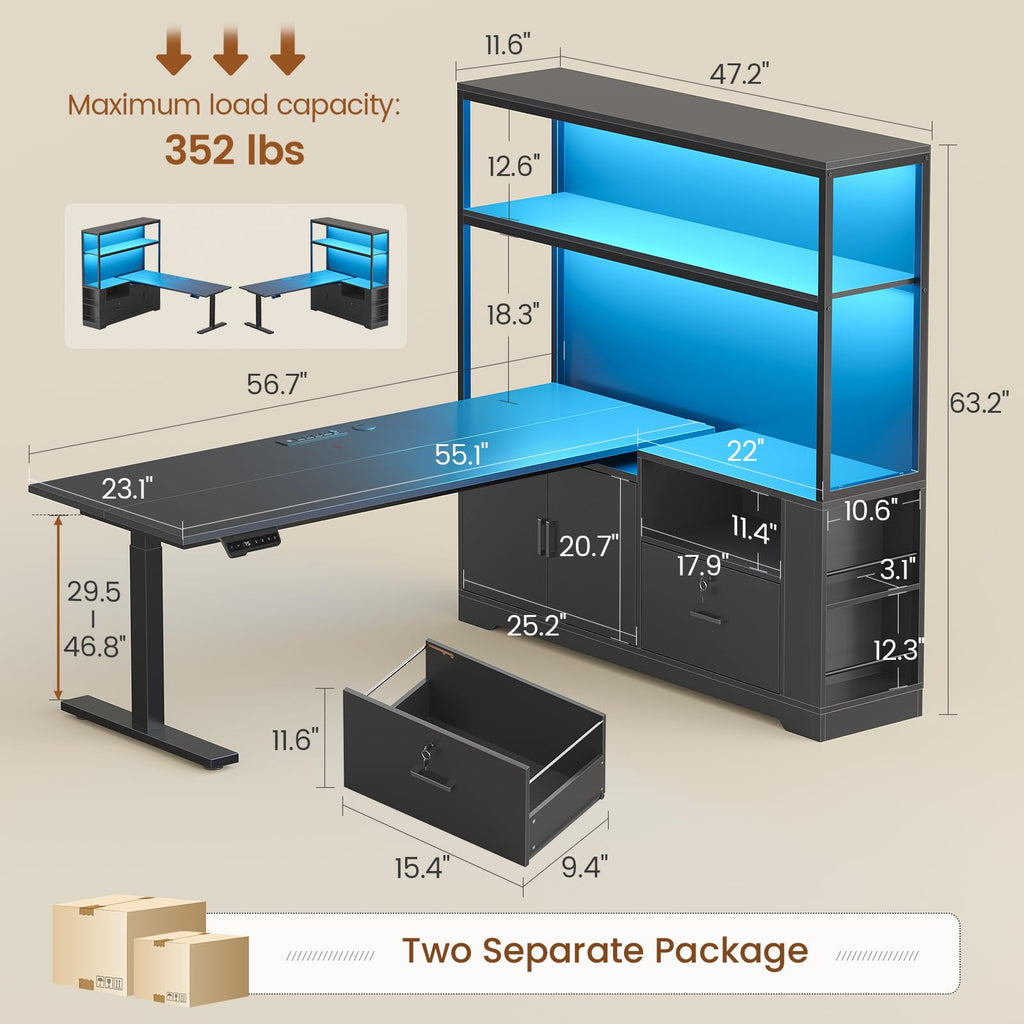 57" L Shaped Standing Desk with Storage Hutch E4751
