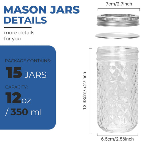 12 oz Regular Mouth Glass Mason Jar 15 Pack M624046
