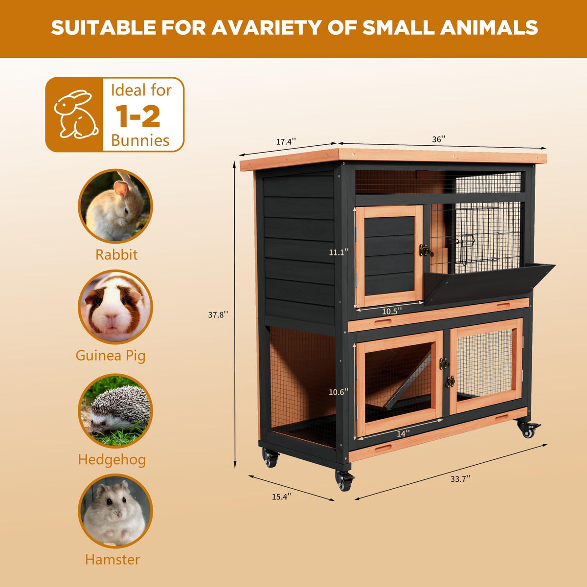 2-Story Wooden Rabbit Hutch Guinea Pig Cage with Wheels D732