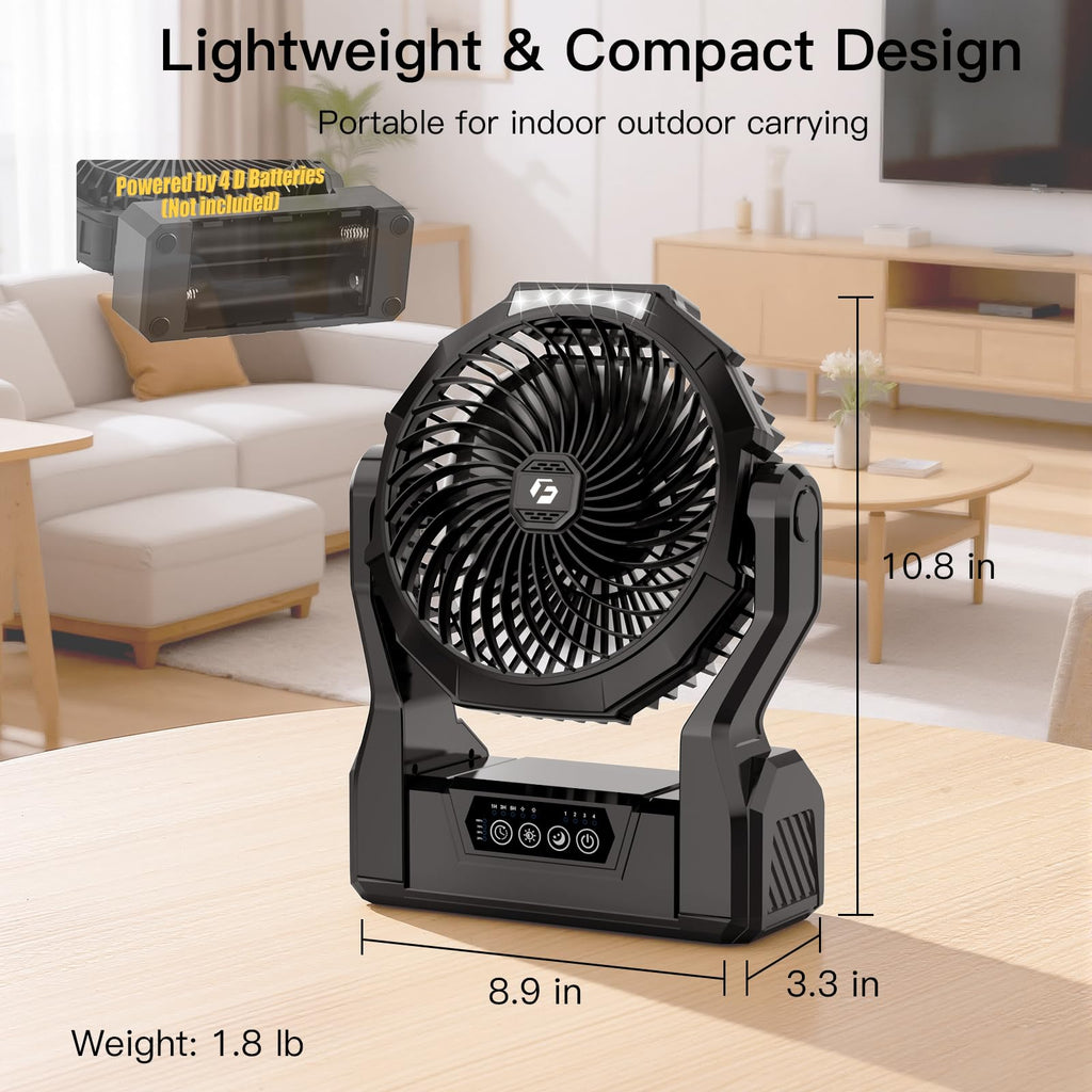 Battery Operated Portable Fan with 4 Speeds, 3 Timers & 2 Light Modes, Black K775