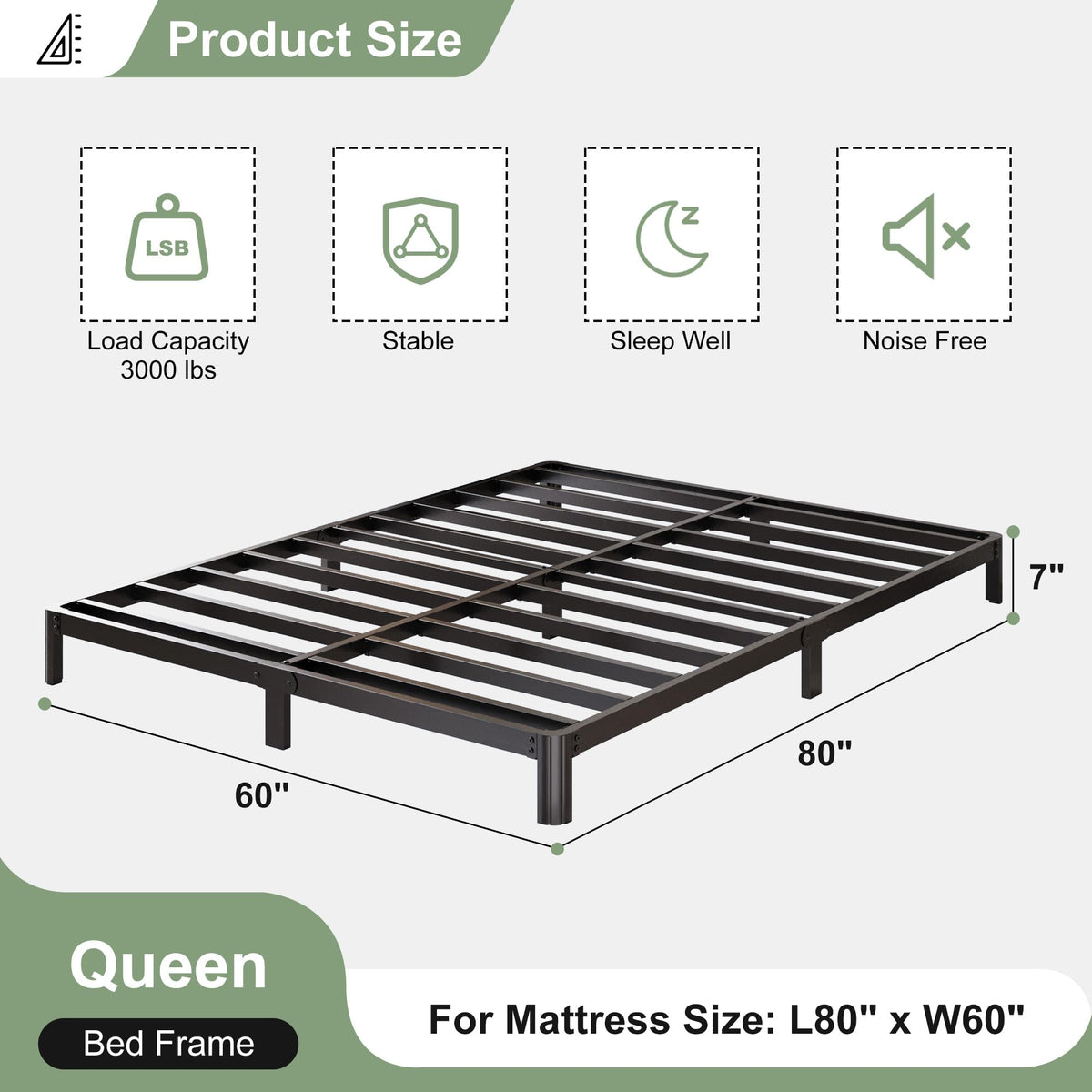 Black 7 Inch Queen Metal Platform Bed Frame L1615