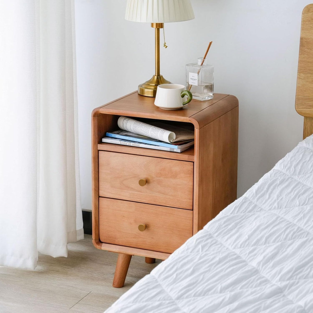 Solid Wood 2 Drawer Narrow Nightstand O560372