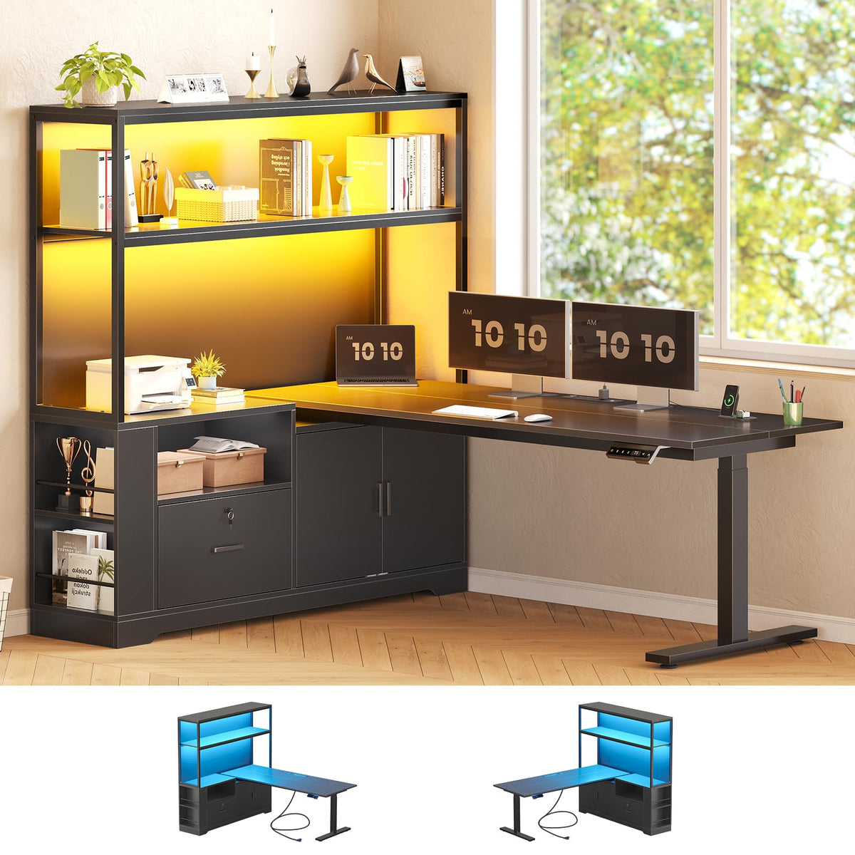 57" L Shaped Standing Desk with Storage Hutch E4751
