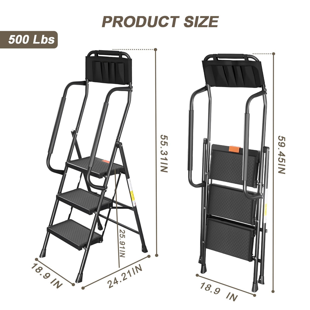 3 Step Folding Step Ladder with Handrails, 500 Lbs Capacity, Black P9184