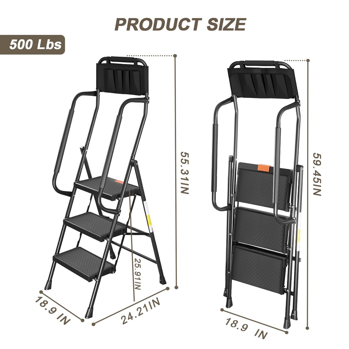 3 Step Folding Step Ladder with Handrails, 500 Lbs Capacity, Black P9184