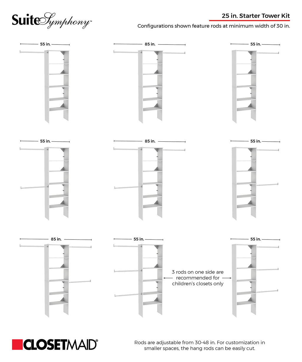 Wood Closet Organizer System with Tower and 3 Hang Rods and Shelving H464262