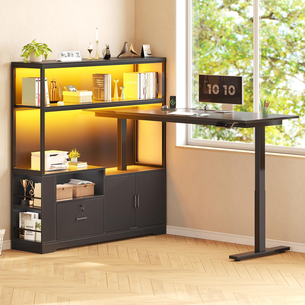 57" L Shaped Standing Desk with Storage Hutch E4751