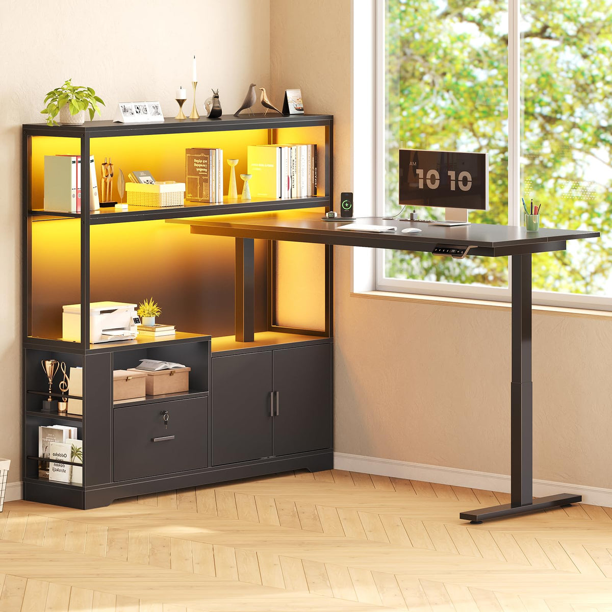 57" L Shaped Standing Desk with Storage Hutch E4751