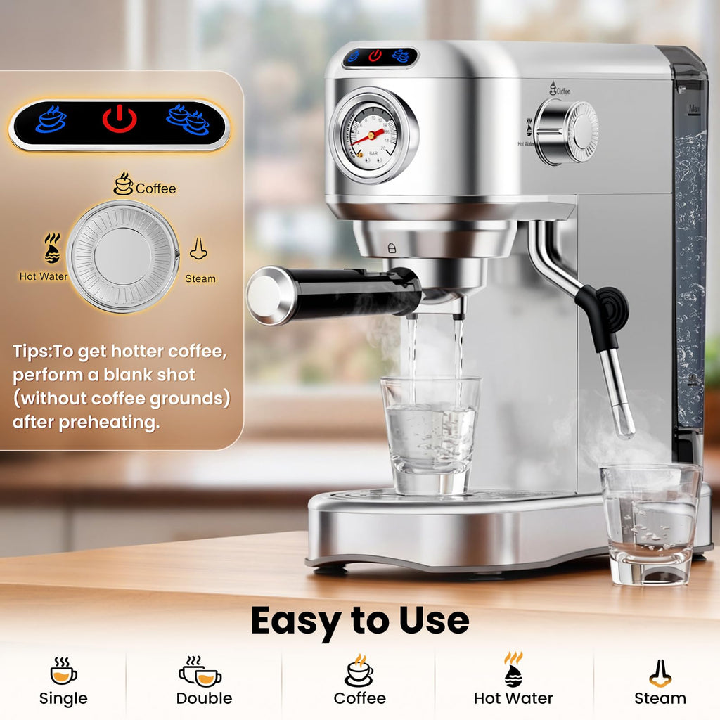 20 Bar Compact Stainless Steel Espresso Machine with Milk Frother O694876