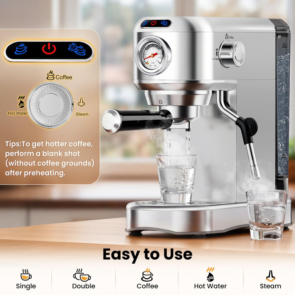 20 Bar Compact Stainless Steel Espresso Machine with Milk Frother O694876