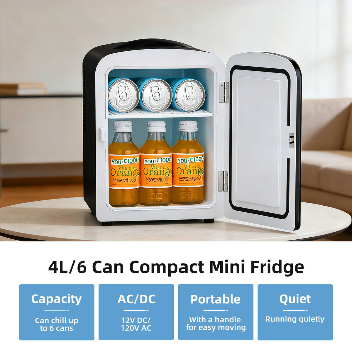 4L 6 Can Portable Mini Fridge Black B209