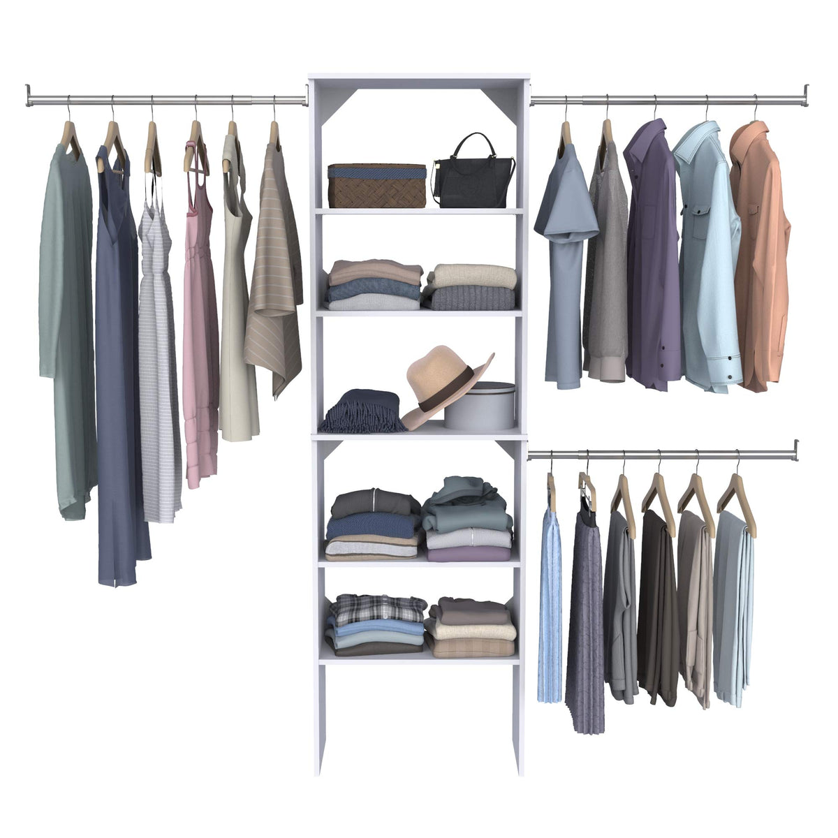 Wood Closet Organizer System with Tower and 3 Hang Rods and Shelving H464262