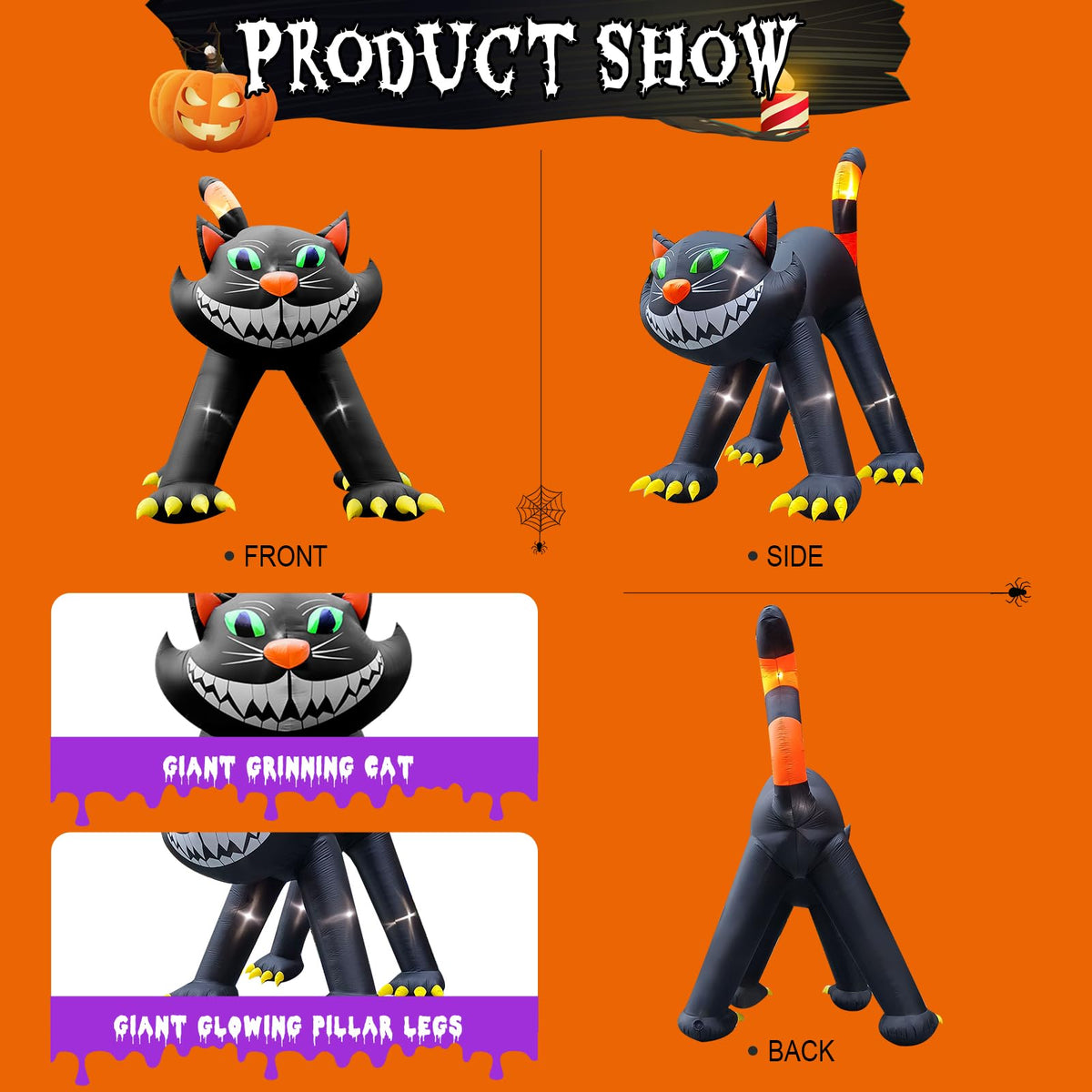 14FT Inflatable Black Cat Halloween Decoration with 7 LED W3656