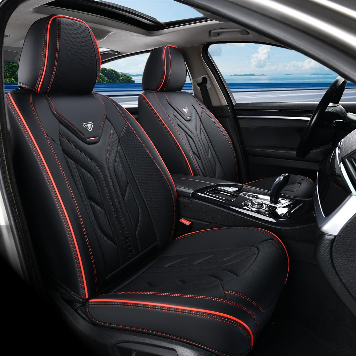 Black & Red Leather Car Seat Covers Full Set M58420