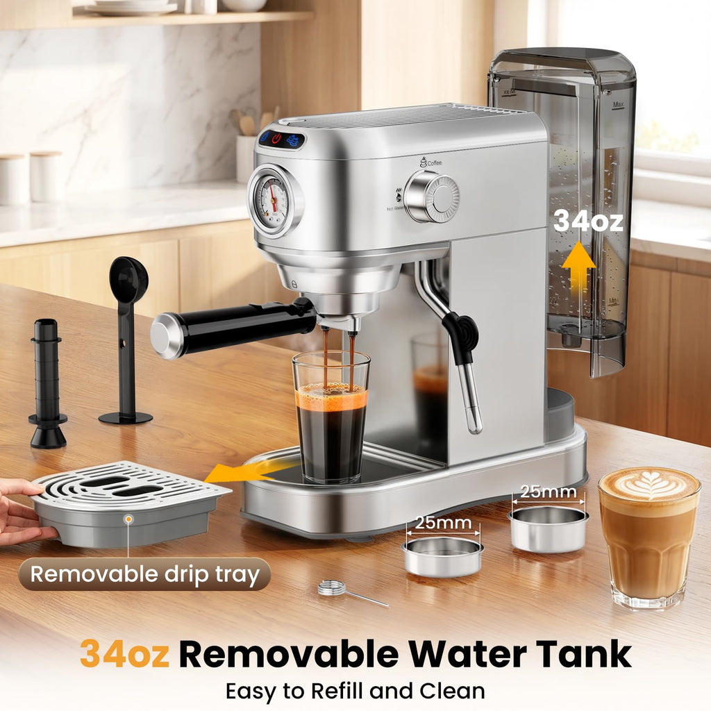 20 Bar Compact Stainless Steel Espresso Machine with Milk Frother O694876