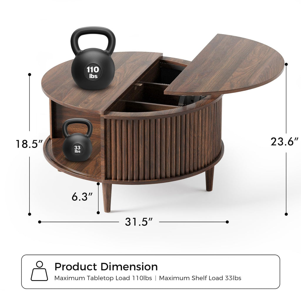 Lift Top Coffee Table with Storage, Fluted Round Center Table with Sliding Cabinet Door, Walnut I285