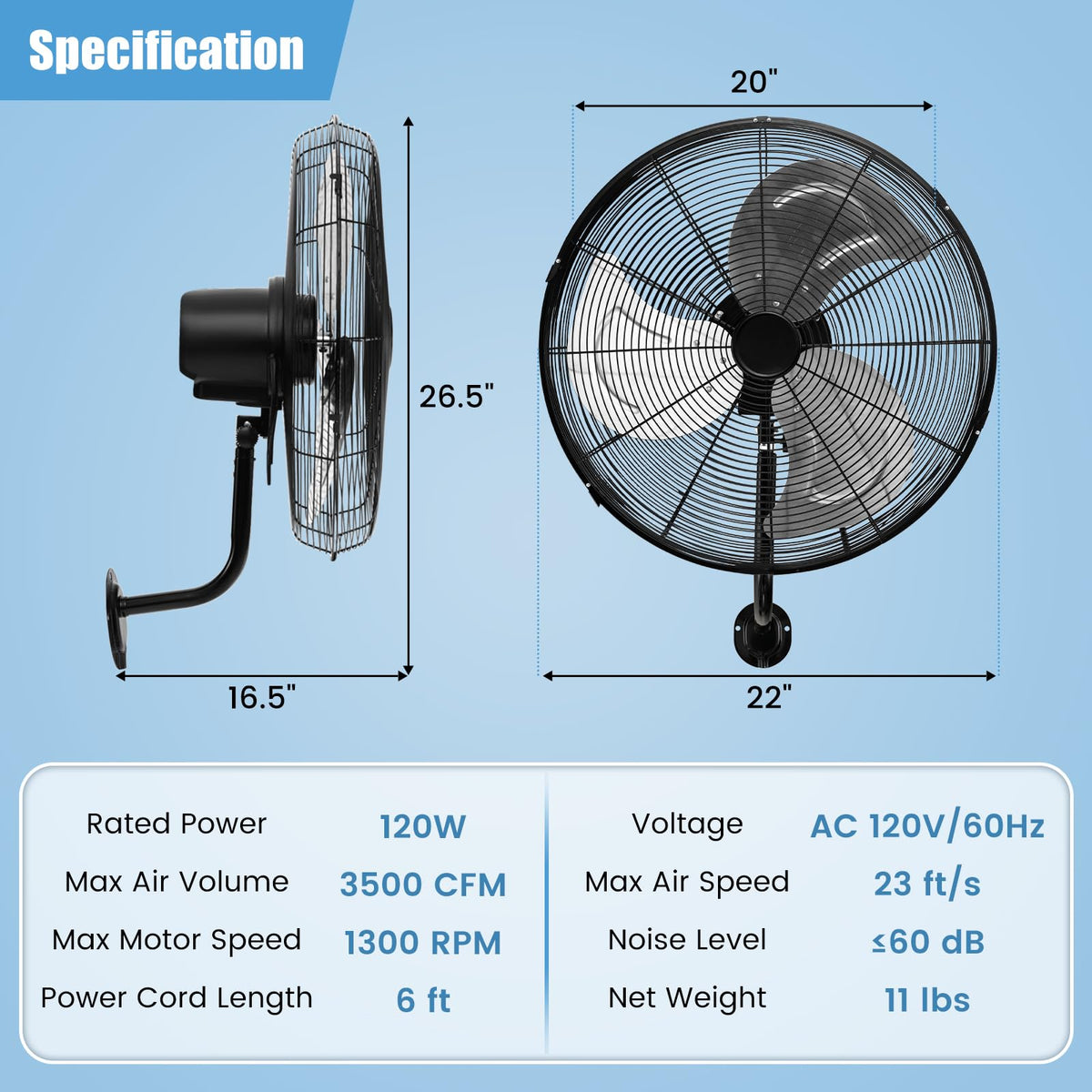 20 Inch 3-Speed Oscillating Metal Wall Fan T9184