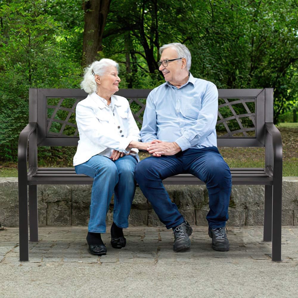 Black Metal Outdoor Patio Bench with Armrests N210