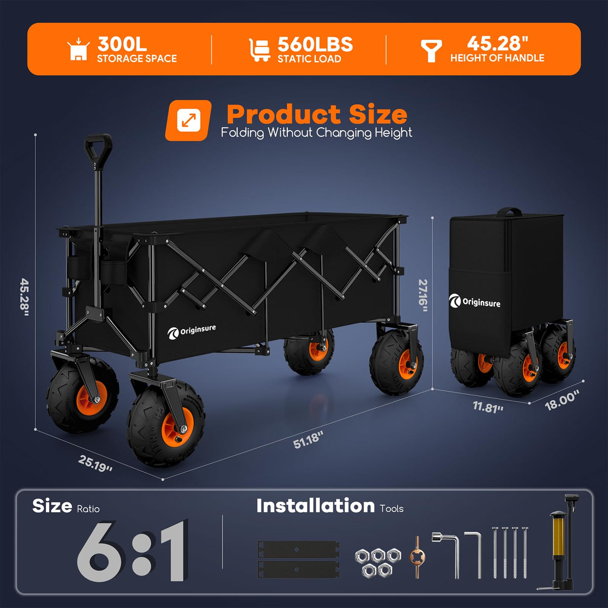 Foldable Beach Wagon with Big Balloon Wheels, 560lbs, Black S87976