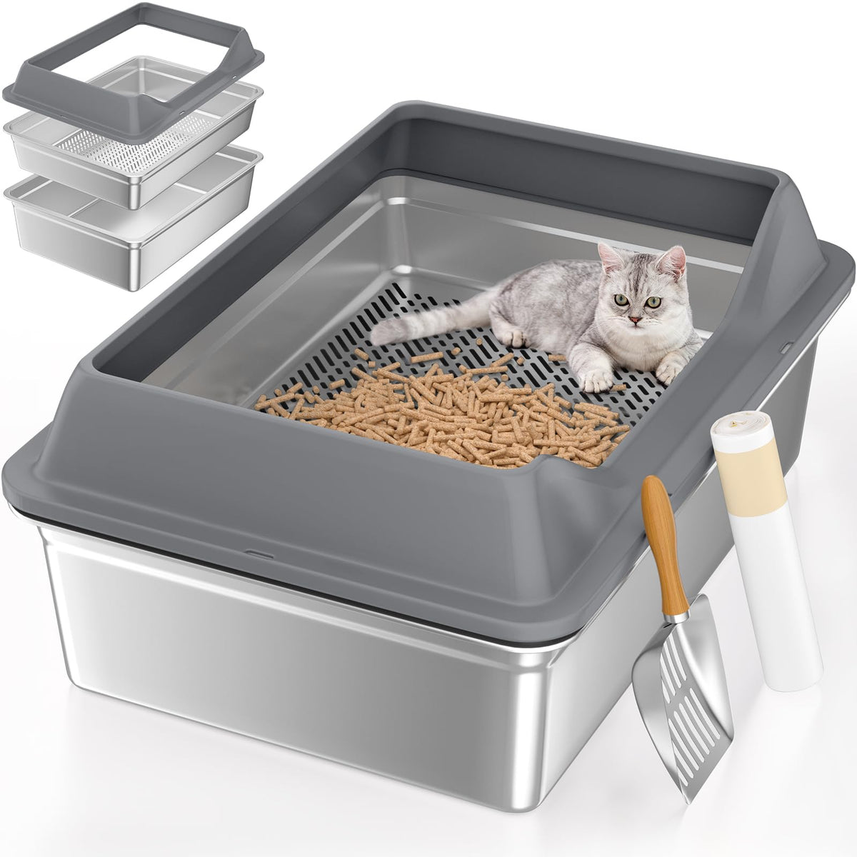 XXXL Stainless Steel Sifting Litter Box with Lid Q908