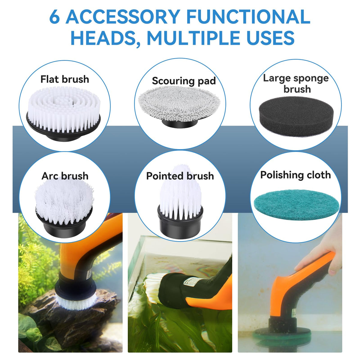 Electric Aquarium Cleaning Brushes with 6 Replaceable Brush Heads I6898