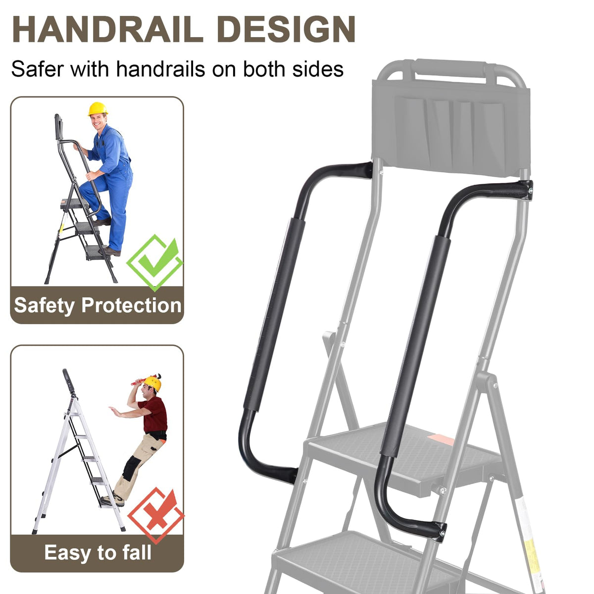 3 Step Folding Step Ladder with Handrails, 500 Lbs Capacity, Black P9184