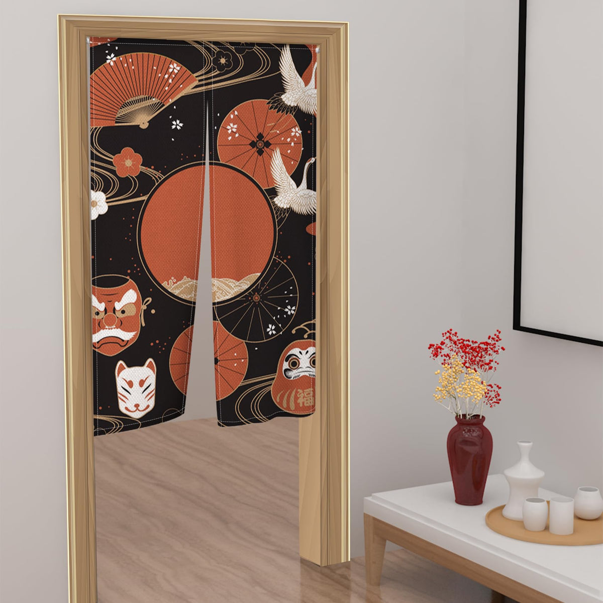 Japanese Noren Doorway Curtain Red Fan Painted Tapestry 33.5"x 70.9" J905