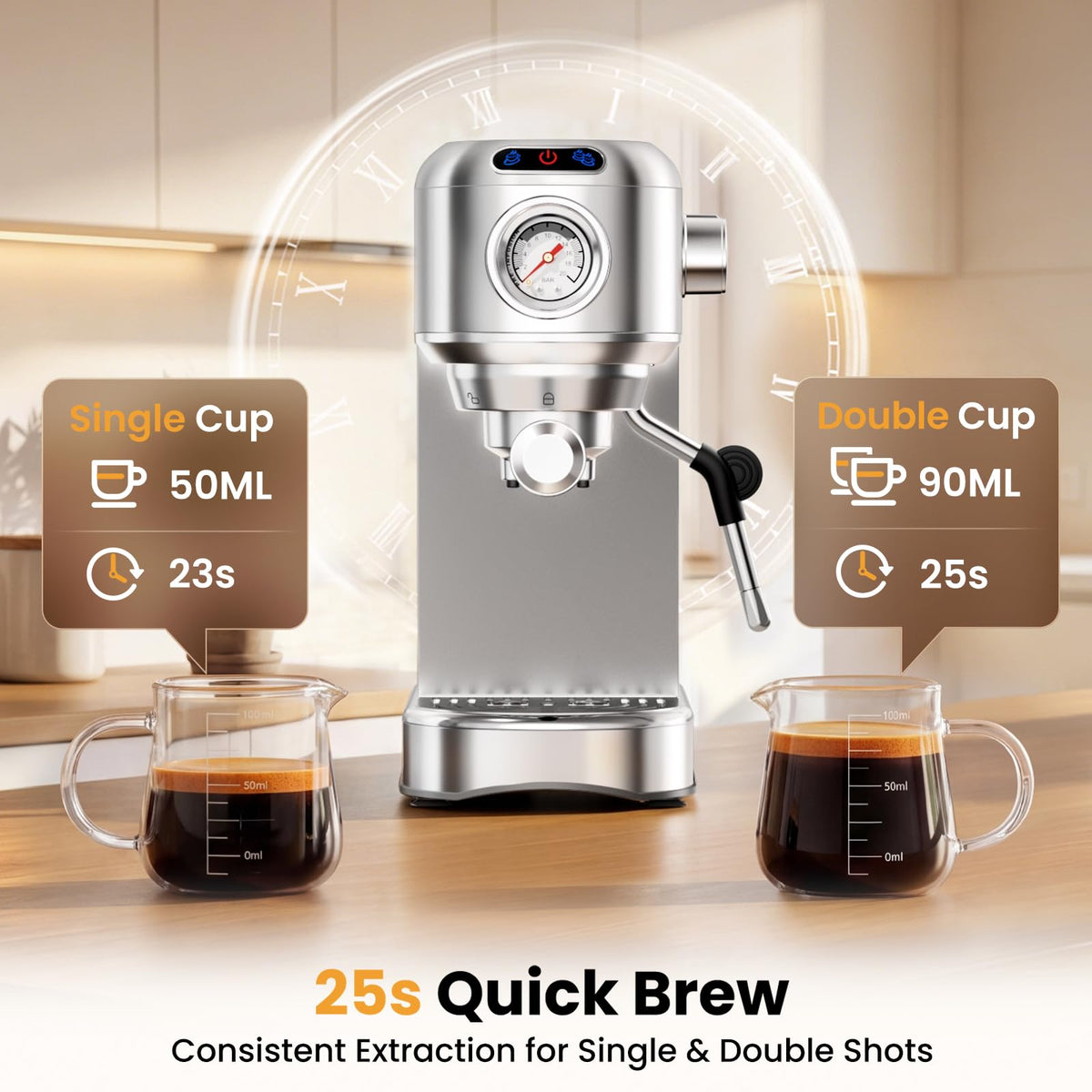20 Bar Compact Stainless Steel Espresso Machine with Milk Frother O694876