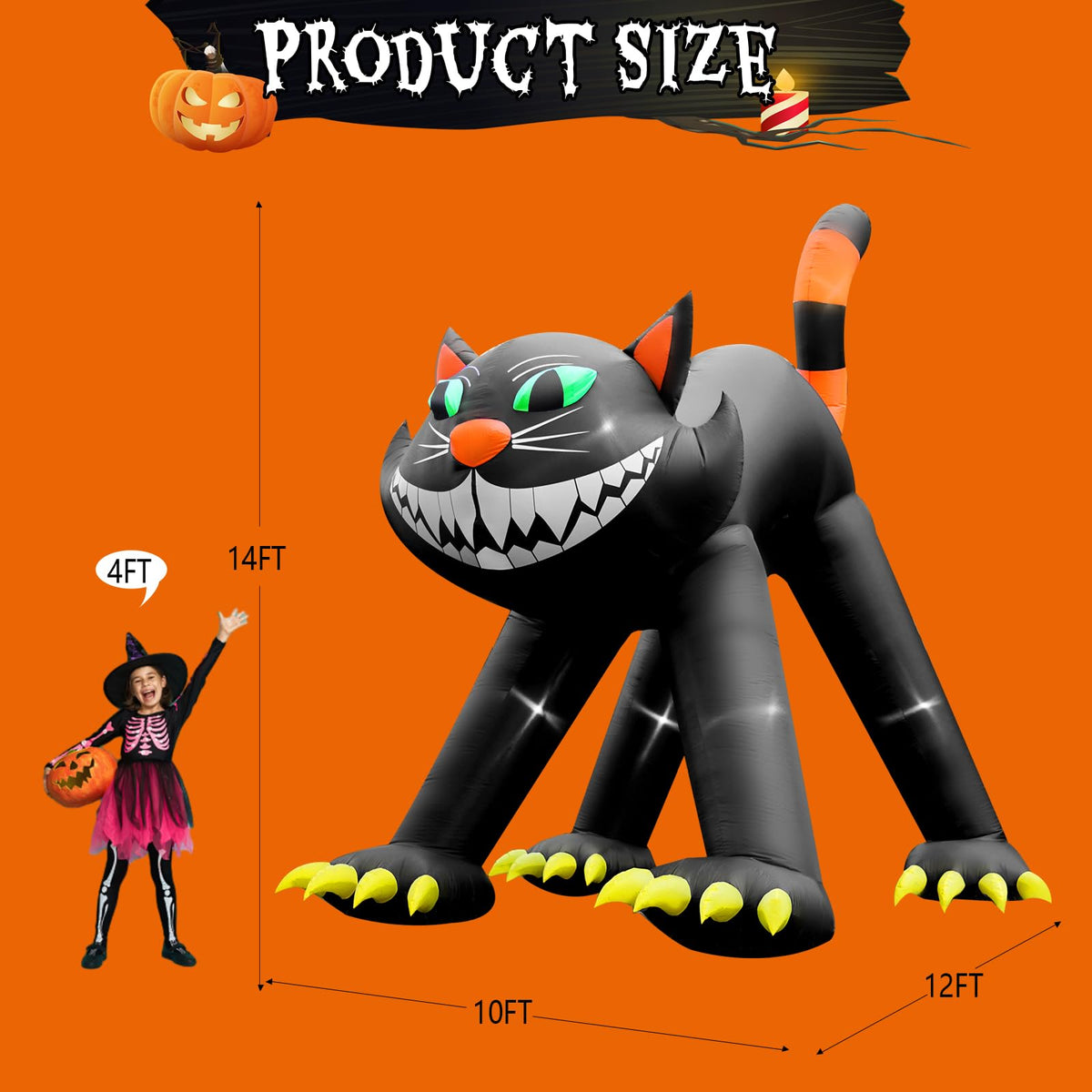 14FT Inflatable Black Cat Halloween Decoration with 7 LED W3656