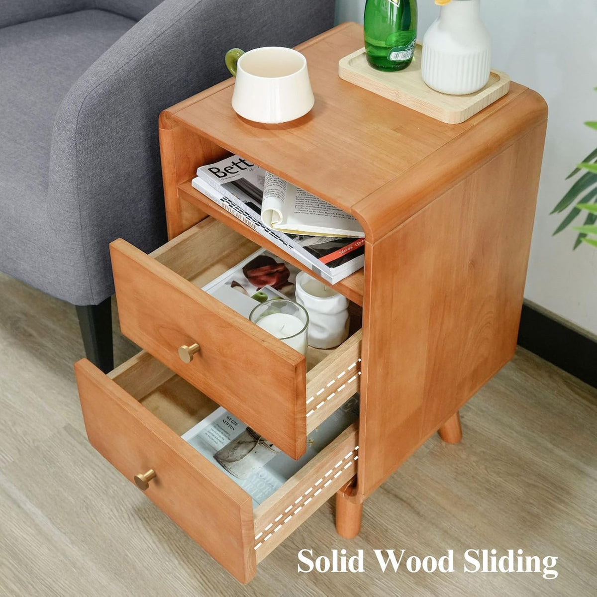 Solid Wood 2 Drawer Narrow Nightstand O560372