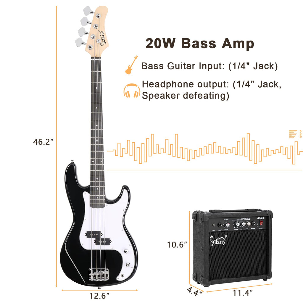Full Size 4 String Basswood Electric Bass Guitar Beginner Kit with 20W Amp O1085