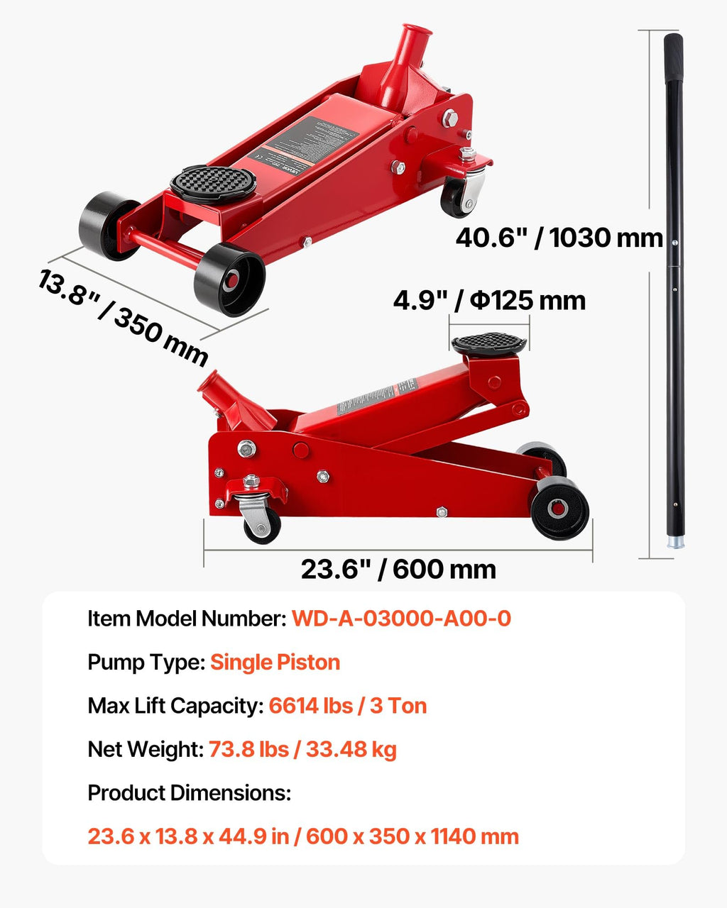 3 Ton Low Profile Steel Hydraulic Floor Jack E235440