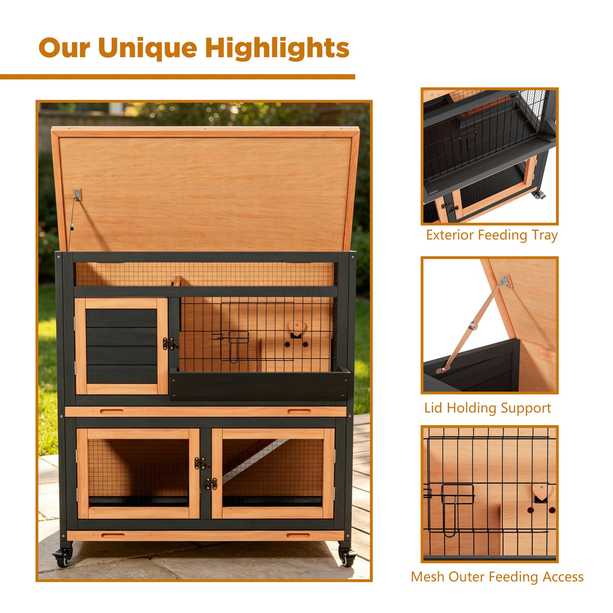 2-Story Wooden Rabbit Hutch Guinea Pig Cage with Wheels D732