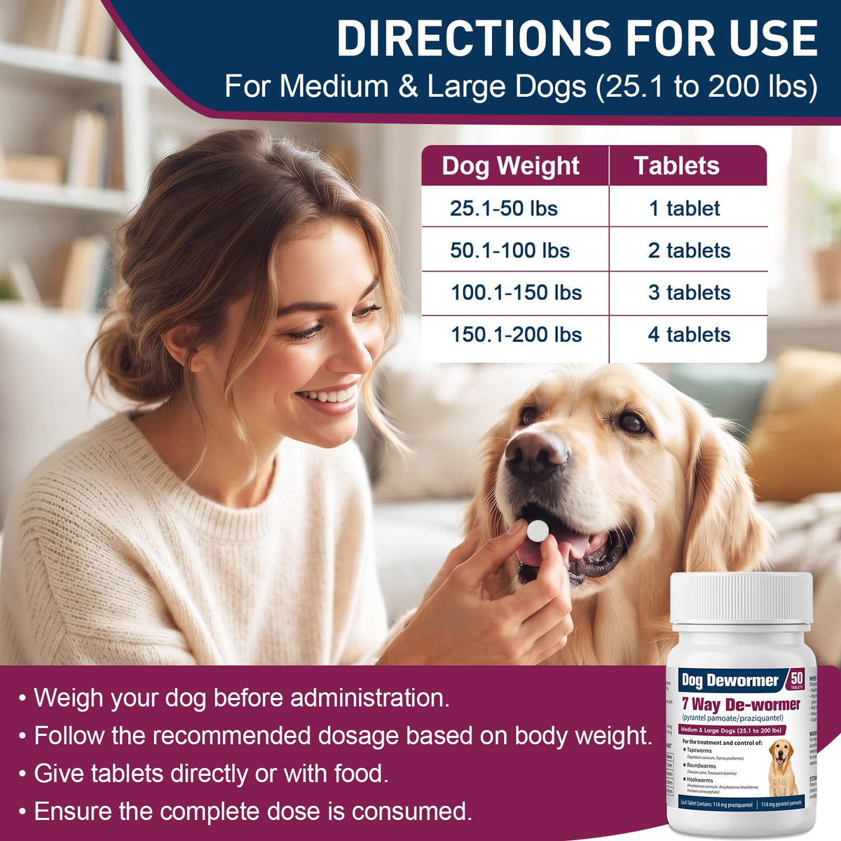 7-Way Dewormer for Large Dogs & Puppies, 50 Tablets E93306