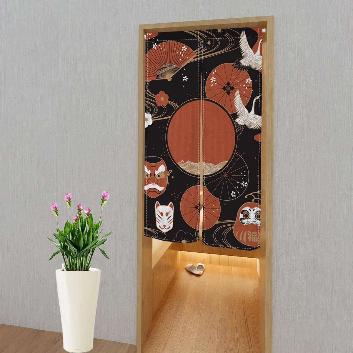 Japanese Noren Doorway Curtain Red Fan Painted Tapestry 33.5"x 70.9" J905