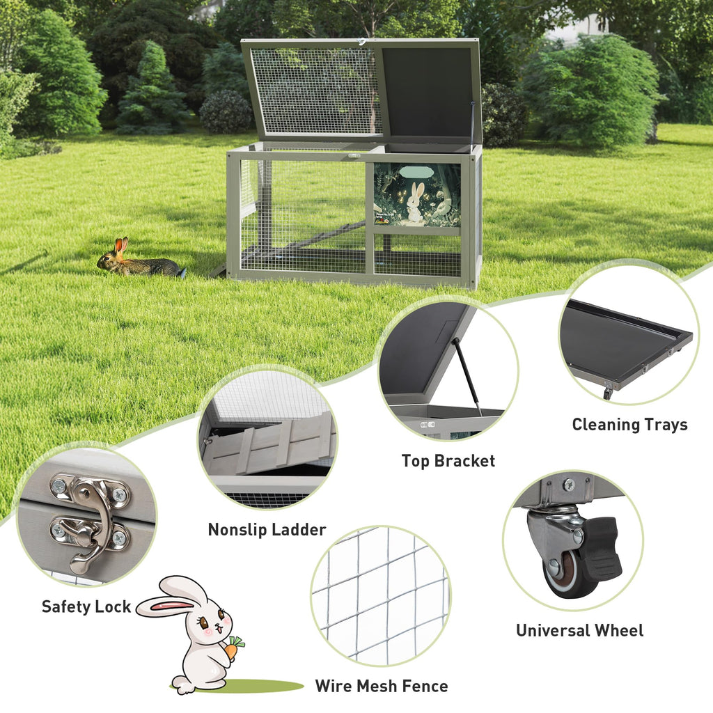 36.5" Two-Level Wooden Rabbit Hutch with Casters & Ramp Z7174