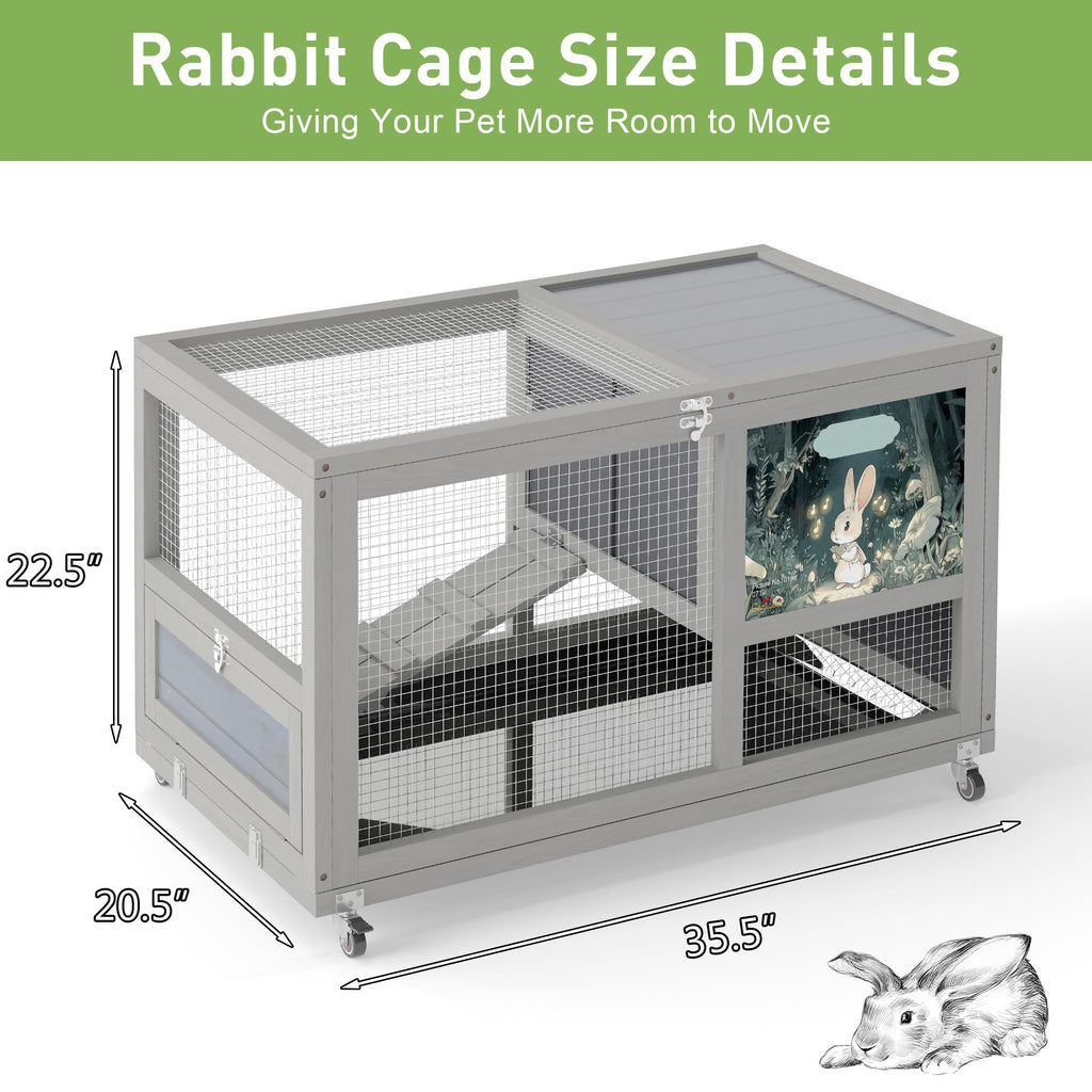 36.5" Two-Level Wooden Rabbit Hutch with Casters & Ramp Z7174